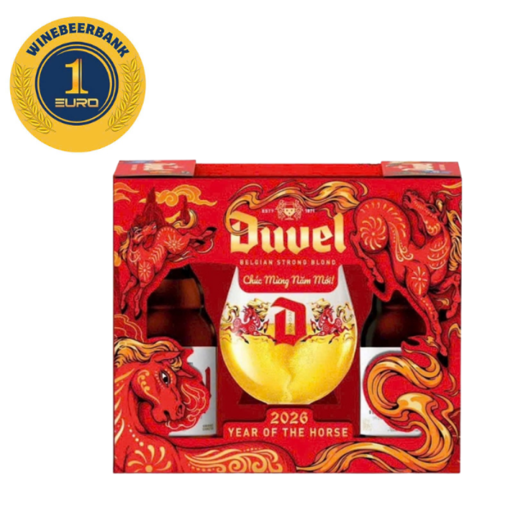 Hộp quà 4 chai Duvel Gold phiên bản Tết 2026 tặng ly chính hãng